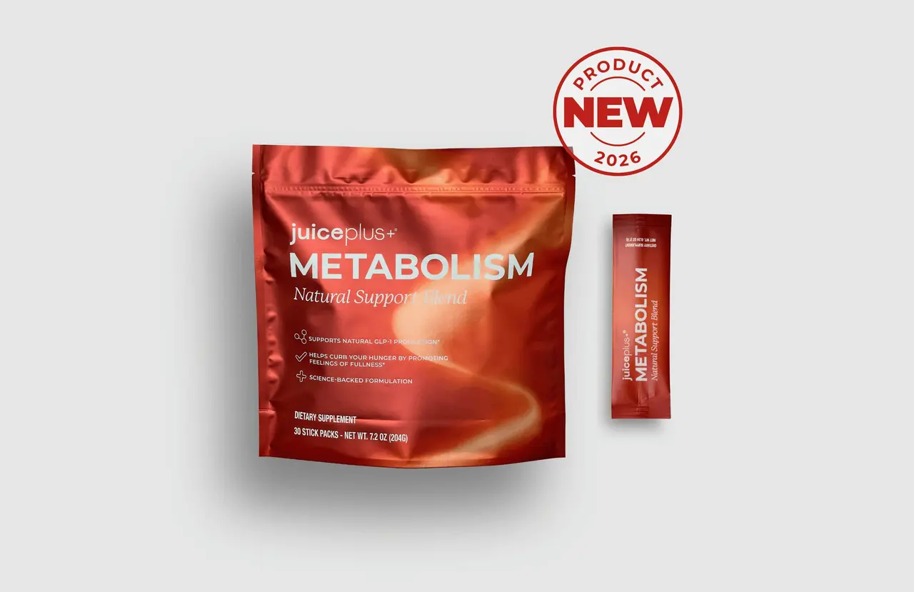 Juice Plus+ Metabolism Natural Support Blend pouch and stick pack